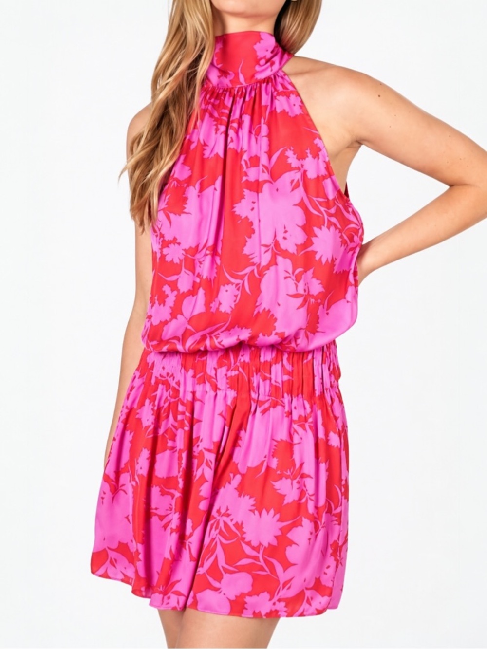 DO + BE Pink Red Floral Halter Mini Dress Wedding Guest Smocked Bow Back L NWT